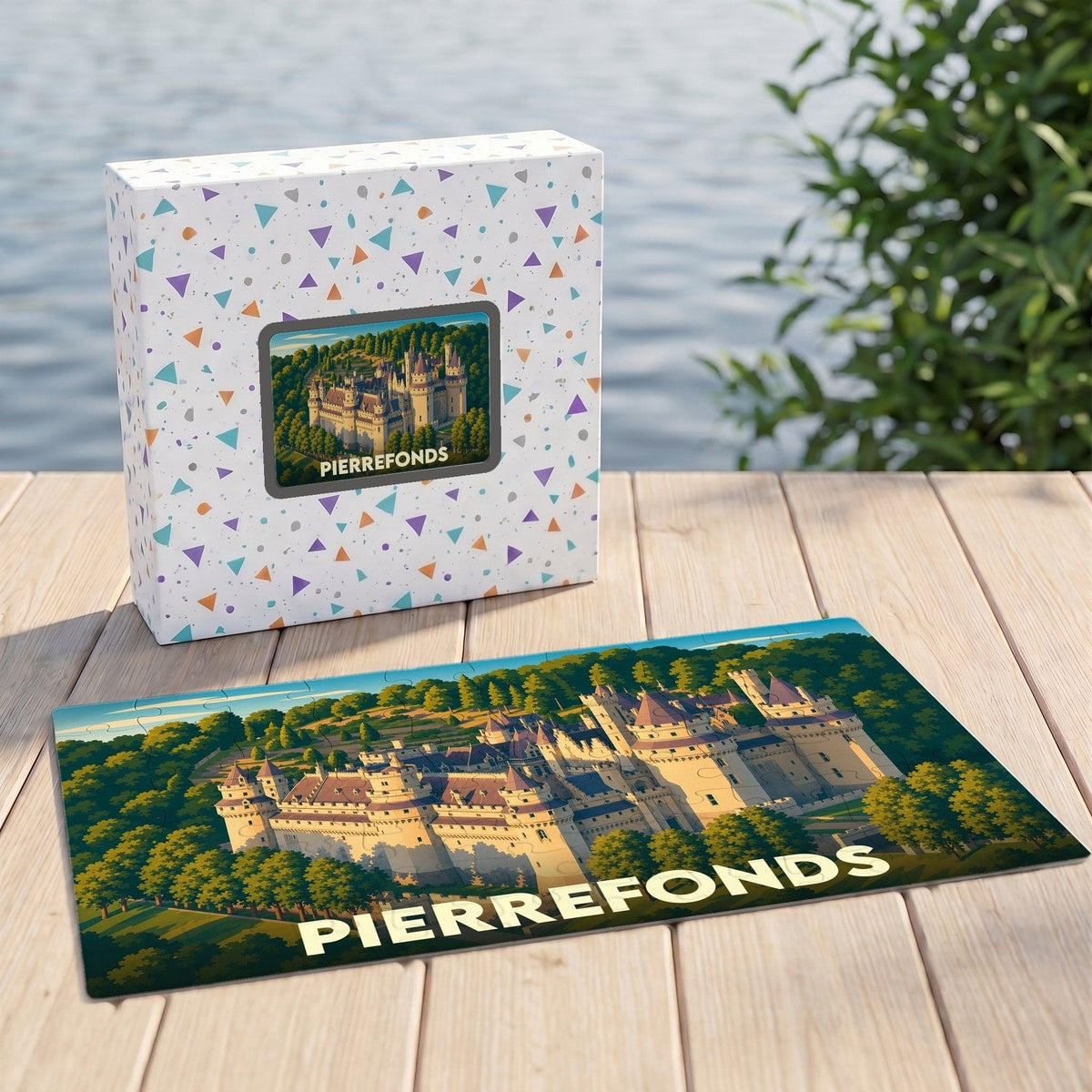 Puzzle souvenir de la ville de Pierrefonds représentant son château avec une illustration stylisée.