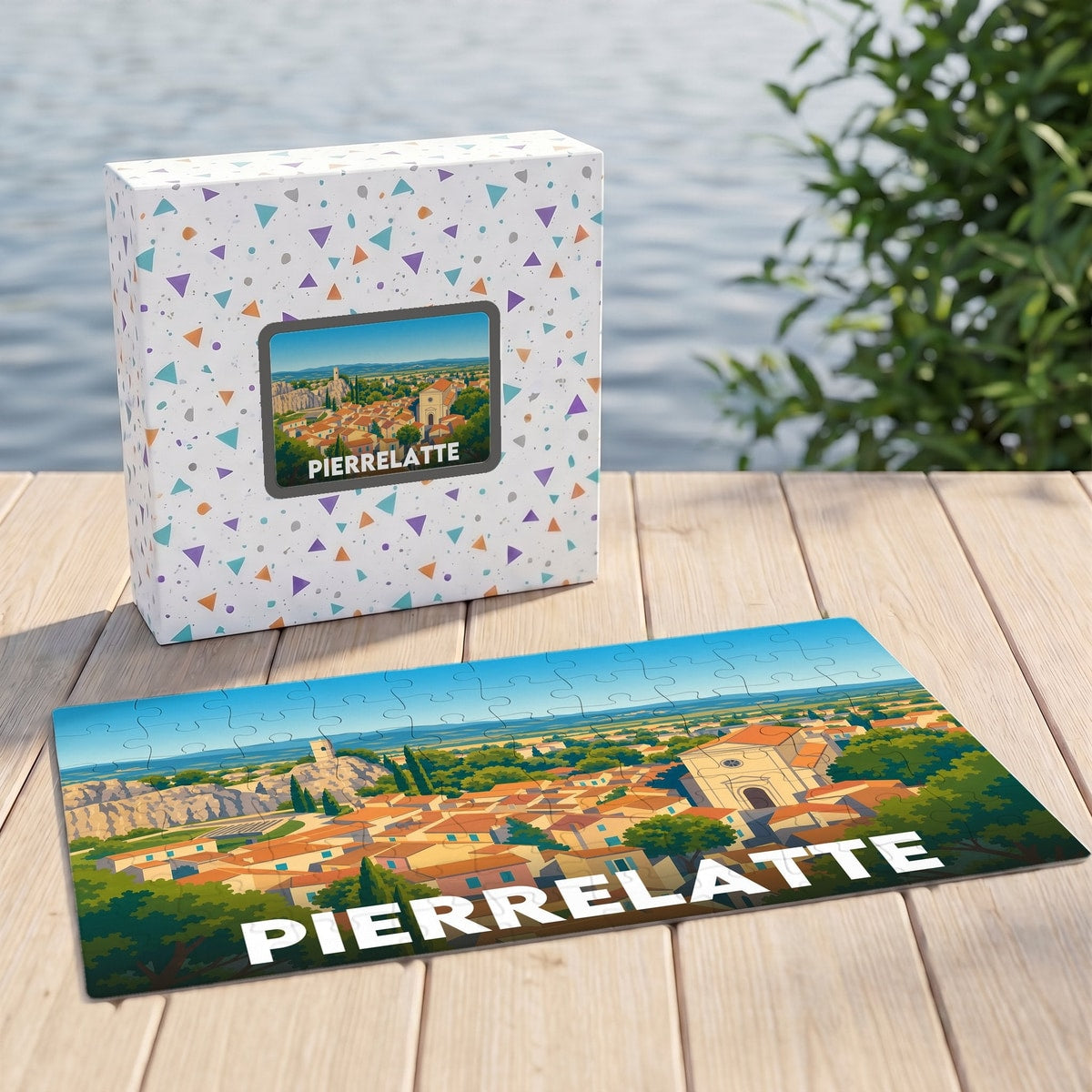 Puzzle souvenir de la ville de Pierrelatte avec une illustration panoramique stylisée.