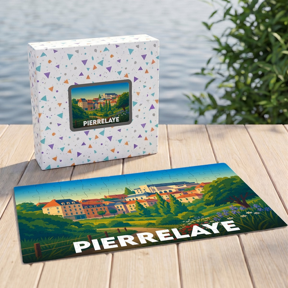 Puzzle souvenir de la ville de Pierrelaye avec une illustration colorée de son paysage urbain.