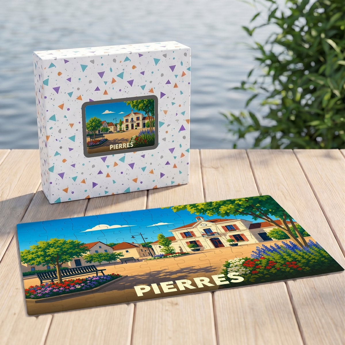 Puzzle souvenir de la ville de Pierres avec une illustration stylisée.