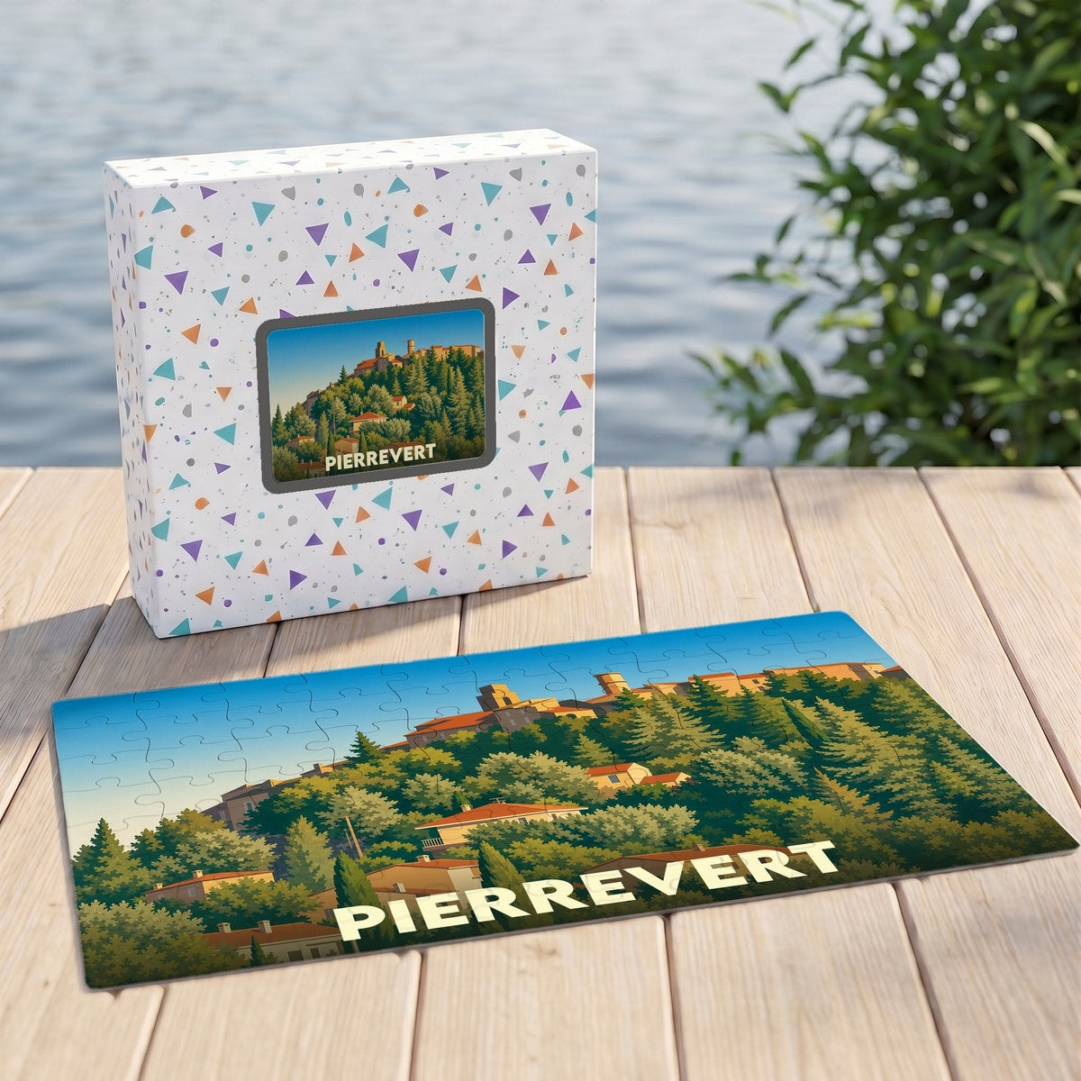 Puzzle souvenir de la ville de Pierrevert avec une illustration stylisée de son paysage vallonné.
