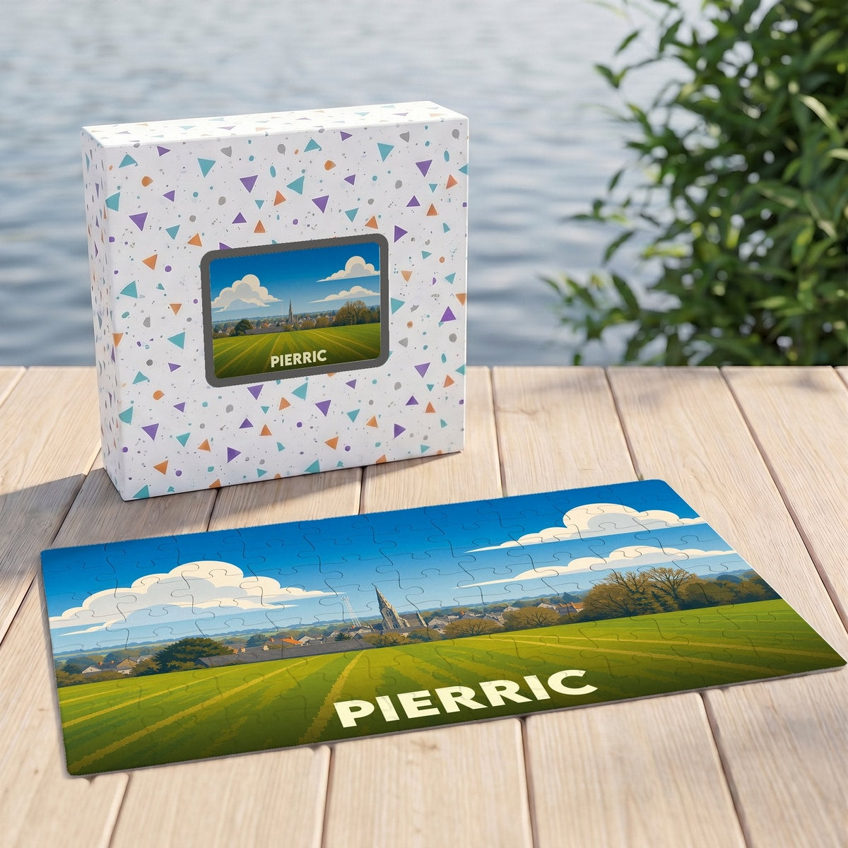 Puzzle souvenir de la ville de Pierric avec une illustration stylisée d'un paysage champêtre.