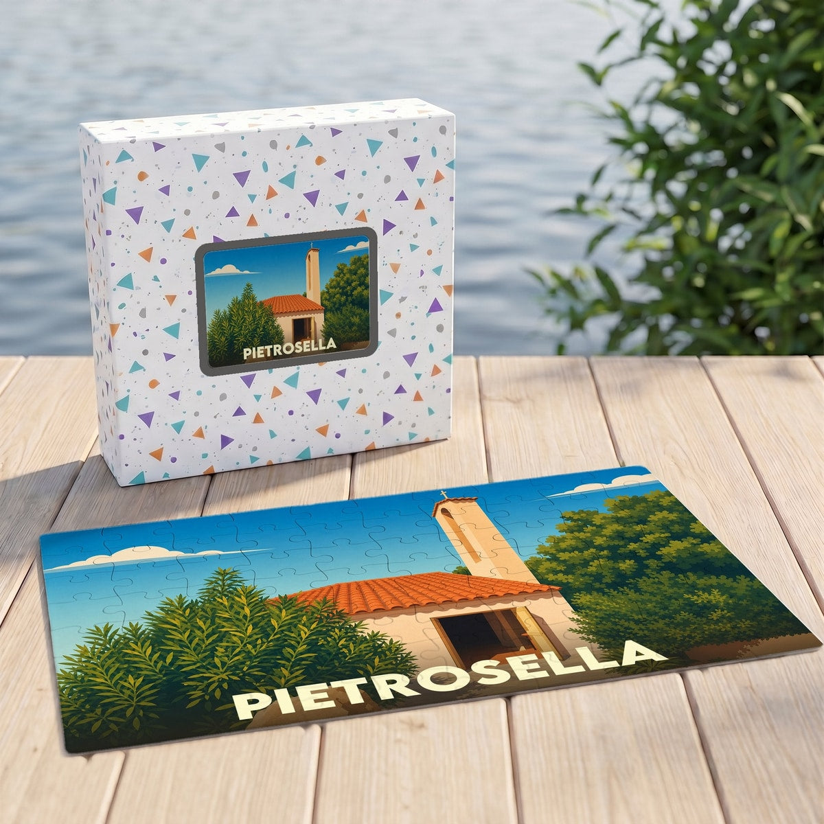 Puzzle souvenir de la ville de Pietrosella avec une illustration stylisée d'une petite église.
