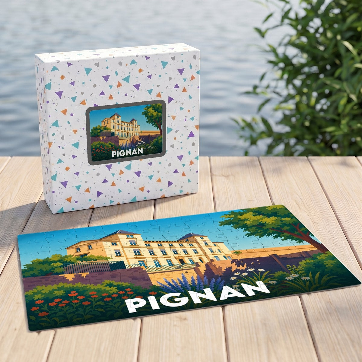 Puzzle souvenir de la ville de Pignan avec une illustration stylisée de son château.