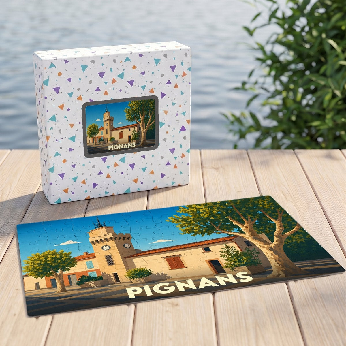 Puzzle souvenir de la ville de Pignans avec une illustration stylisée et sa boîte assortie.