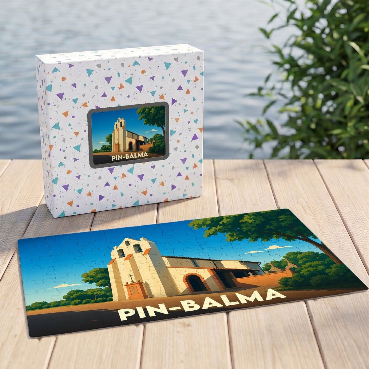 Puzzle souvenir de la ville de Pin-Balma illustré d'un dessin stylisé de son église.