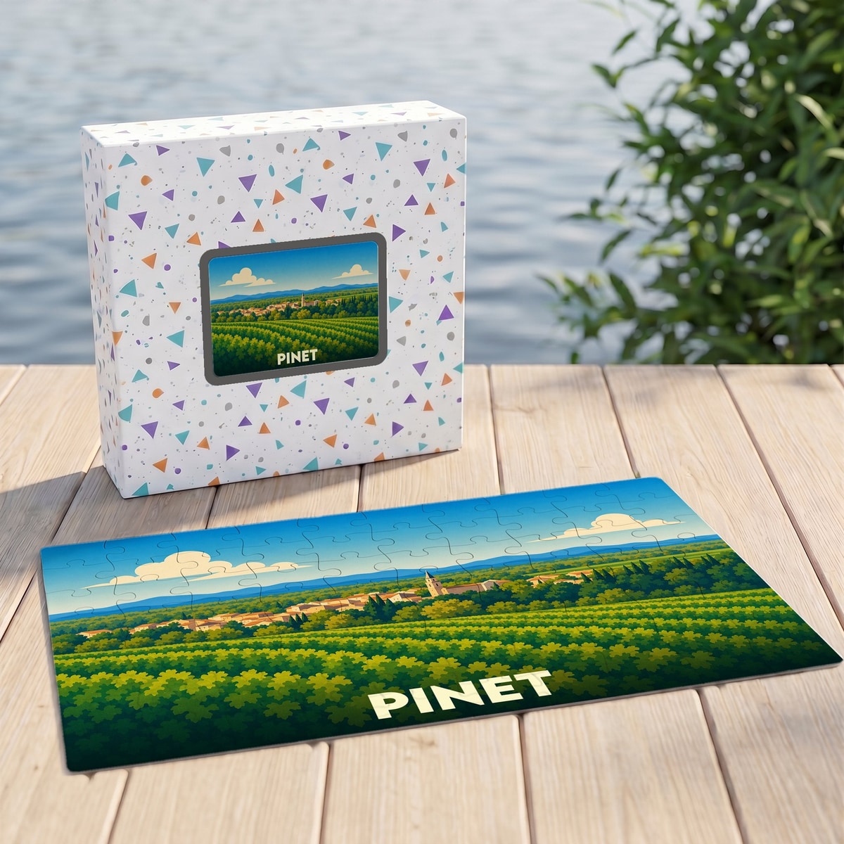 Puzzle souvenir de la ville de Pinet illustrant un paysage de vignes stylisé.