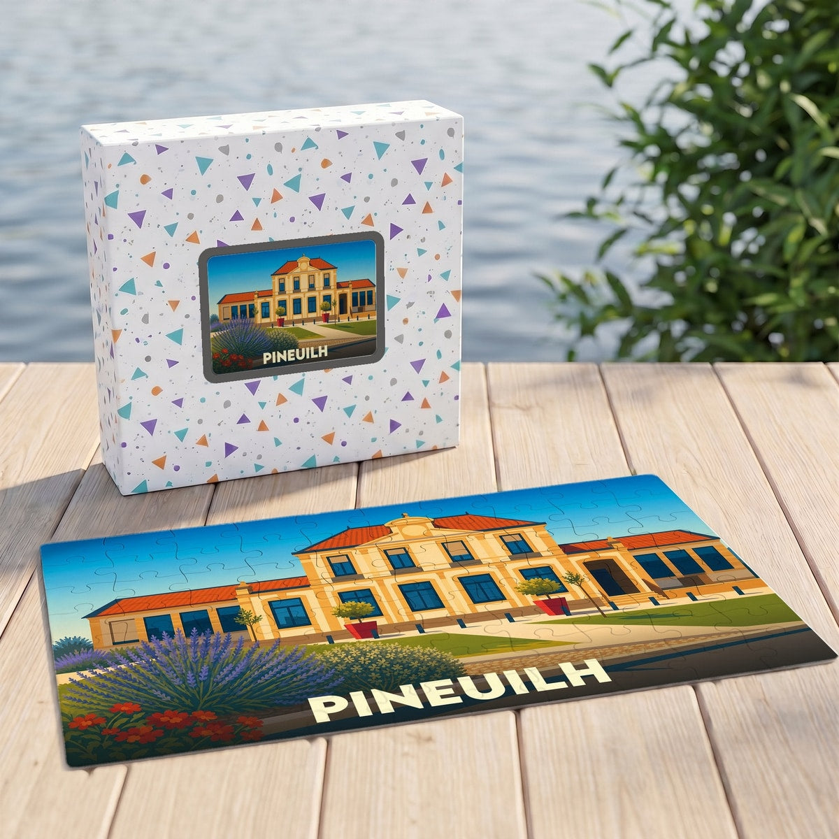 Puzzle souvenir de la ville de Pineuilh avec une illustration stylisée d'un bâtiment emblématique.