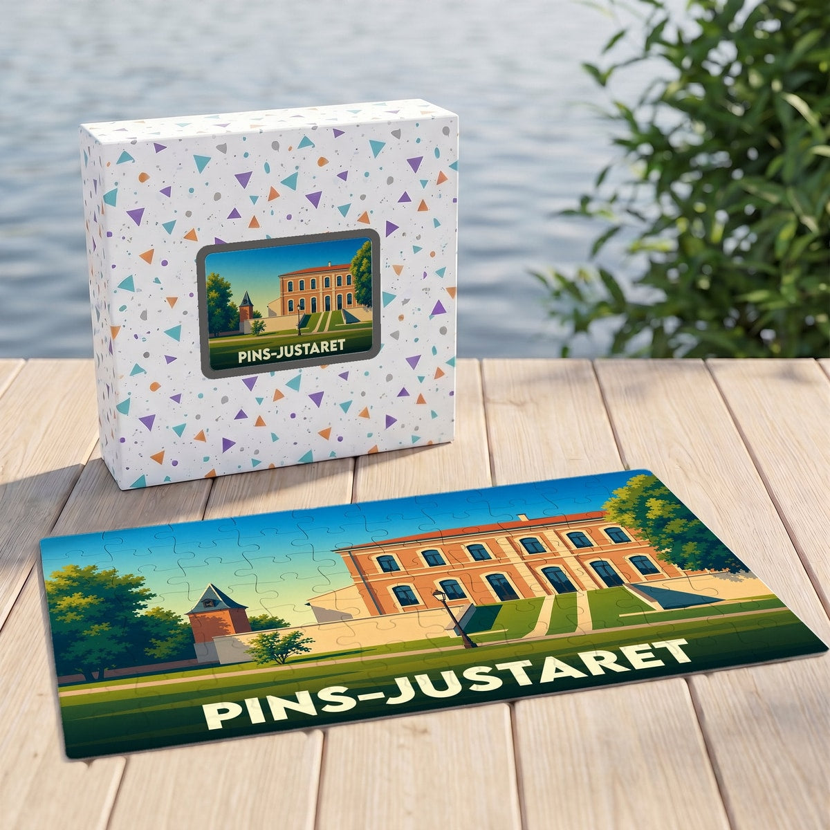 Puzzle souvenir de la ville de Pins-Justaret avec une illustration stylisée d'un bâtiment historique.