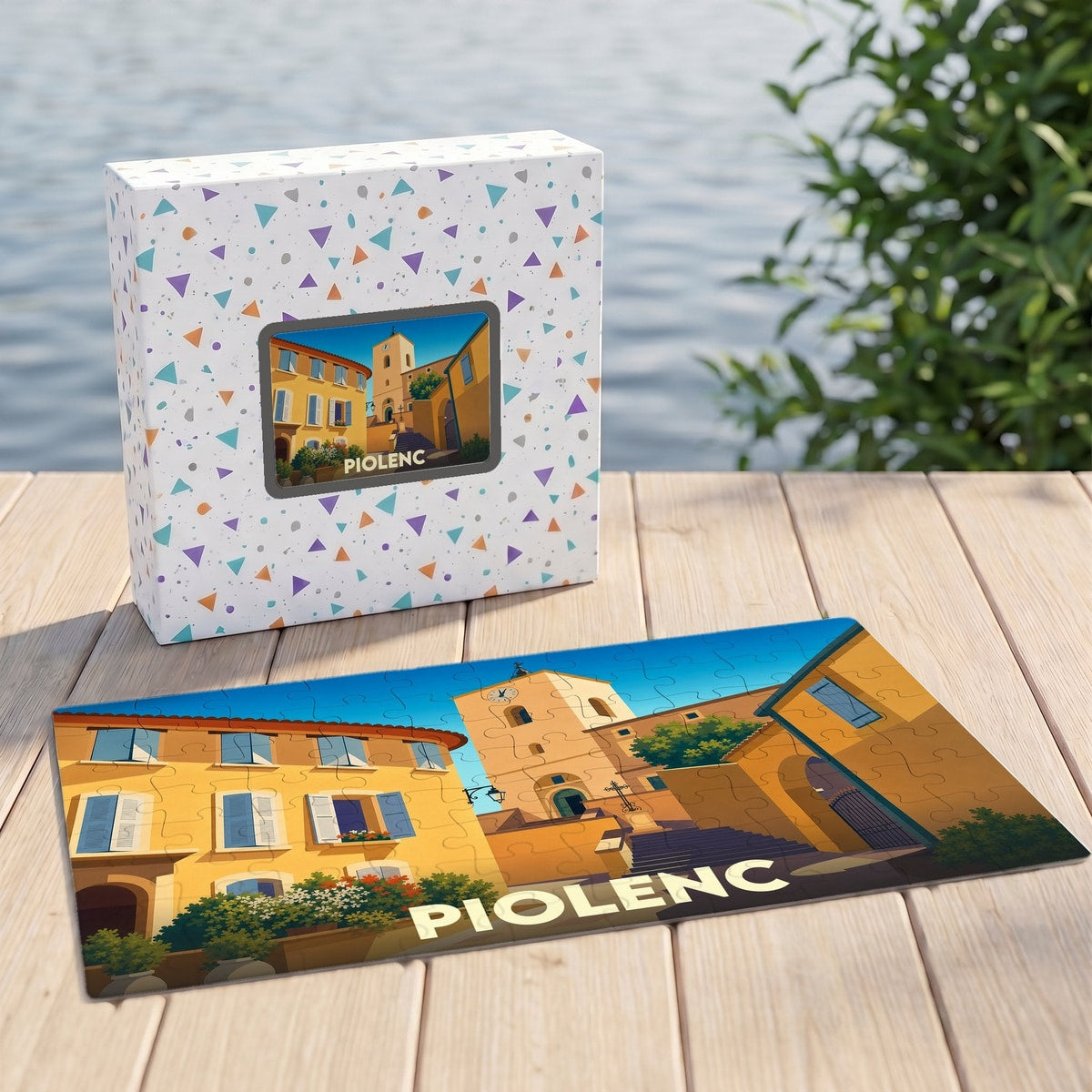 Puzzle souvenir de la ville de Piolenc avec une illustration stylisée d'une place ensoleillée.