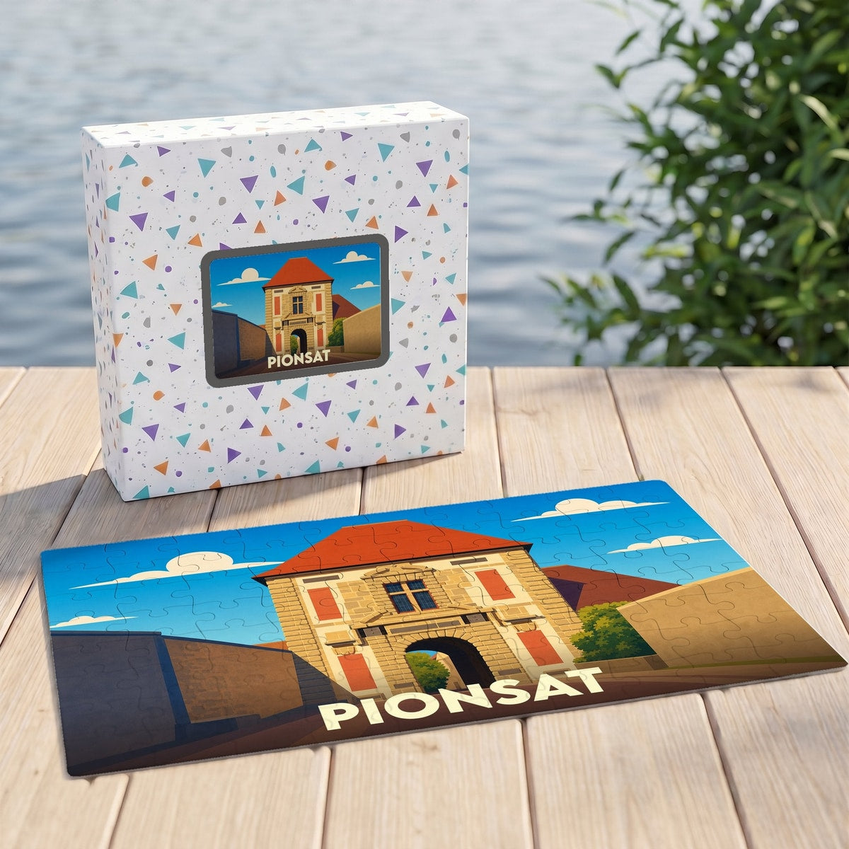 Puzzle souvenir de la ville de Pionsat avec une illustration stylisée du château local.