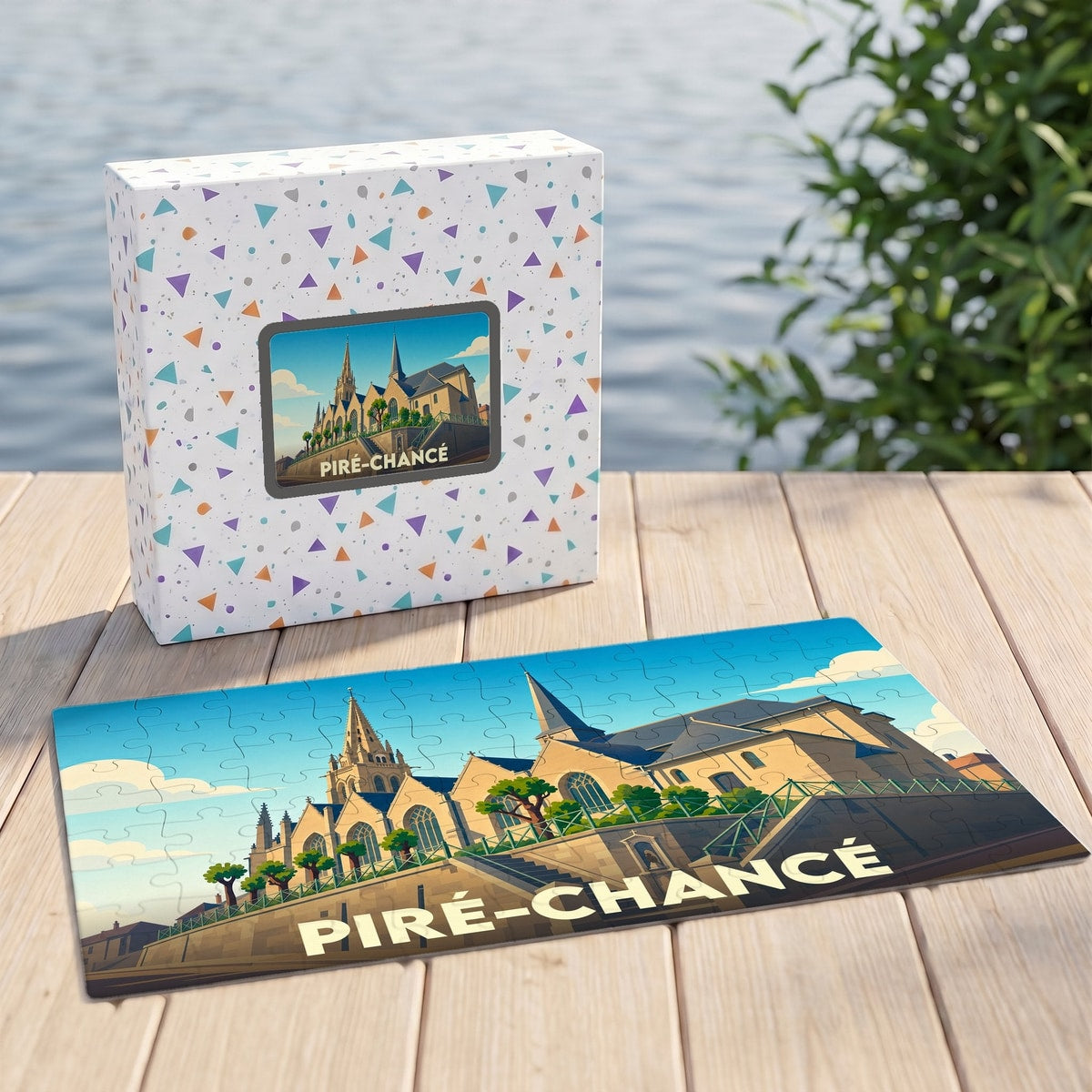Puzzle souvenir de la ville de Piré-Chancé avec son coffret et une illustration stylisée de l'église locale.