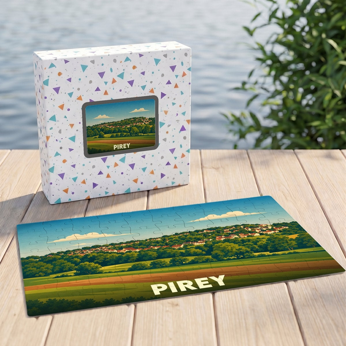Puzzle souvenir de la ville de Pirey avec une illustration de paysage champêtre.