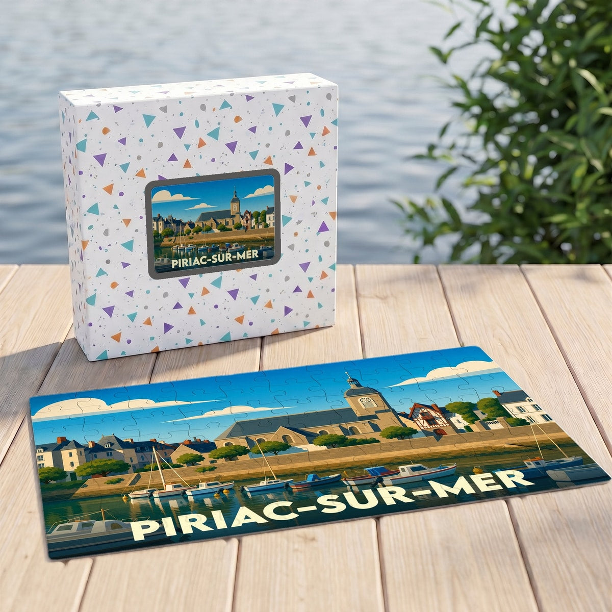 Puzzle souvenir de la ville de Piriac-sur-Mer avec une illustration stylisée de son port et de son église.