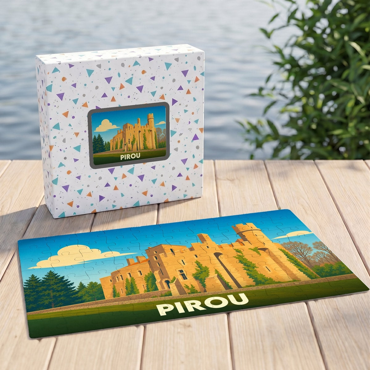 Puzzle souvenir de la ville de Pirou avec une illustration stylisée d'un château.