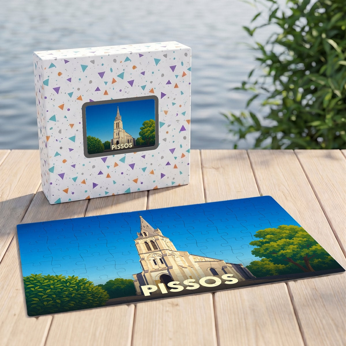 Puzzle souvenir de la ville de Pissos avec une illustration stylisée de son église.