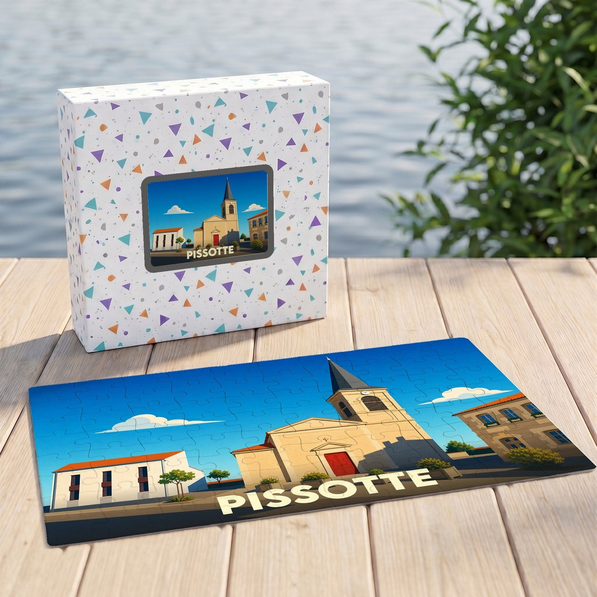 Puzzle souvenir de la ville de Pissotte avec une illustration stylisée de son église.