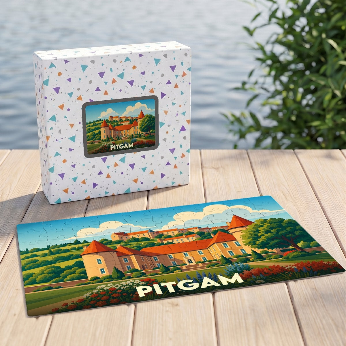 Puzzle souvenir de la ville de Pitgam avec une illustration stylisée d'un château.