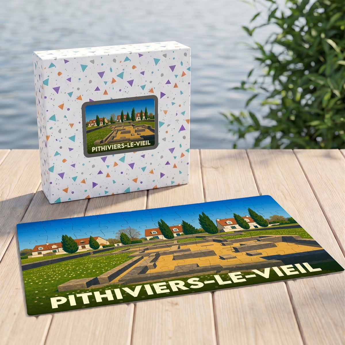 Puzzle souvenir de la ville de Pithiviers-le-Vieil avec une illustration stylisée d'un site historique et de maisons traditionnelles.