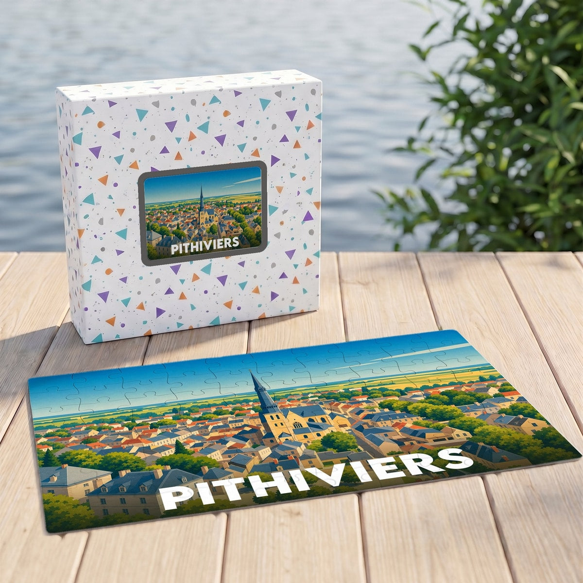 Puzzle souvenir de la ville de Pithiviers avec une illustration panoramique stylisée.