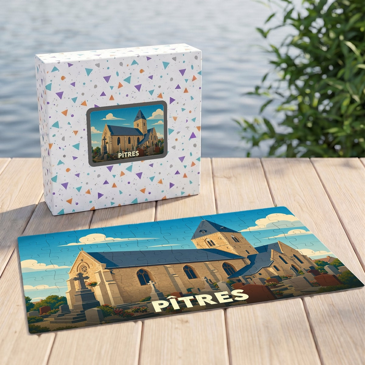 Puzzle souvenir de la ville de Pîtres illustré d'une église de style normand.