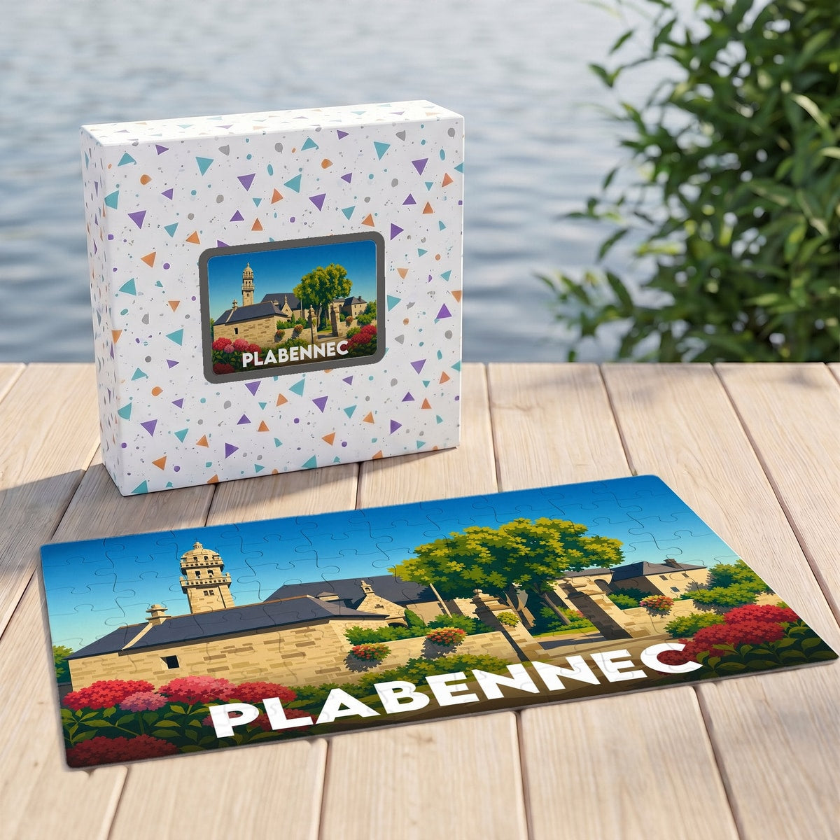 Puzzle souvenir de la ville de Plabennec avec une illustration stylisée et colorée.