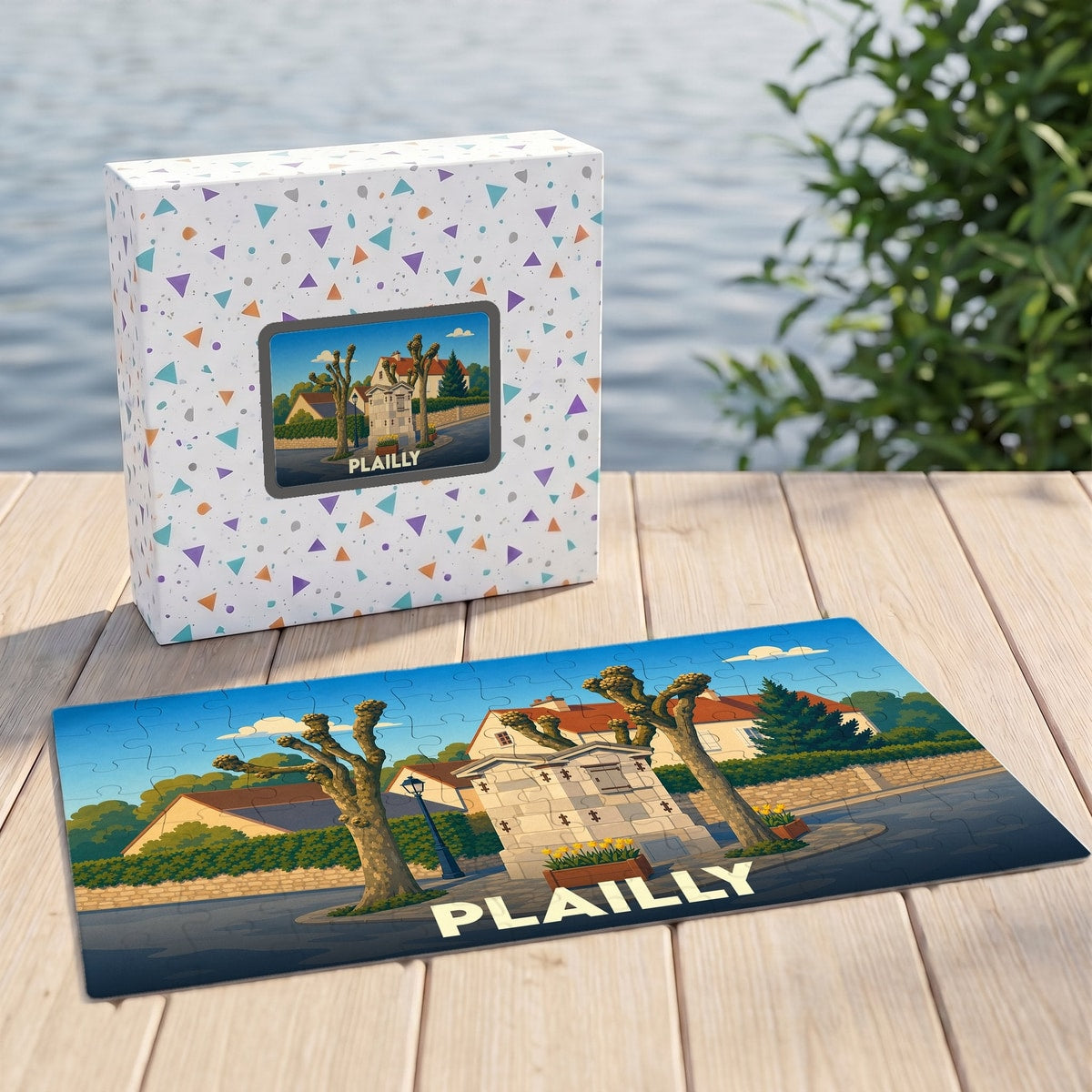 Puzzle souvenir de la ville de Plailly avec une illustration stylisée et colorée.