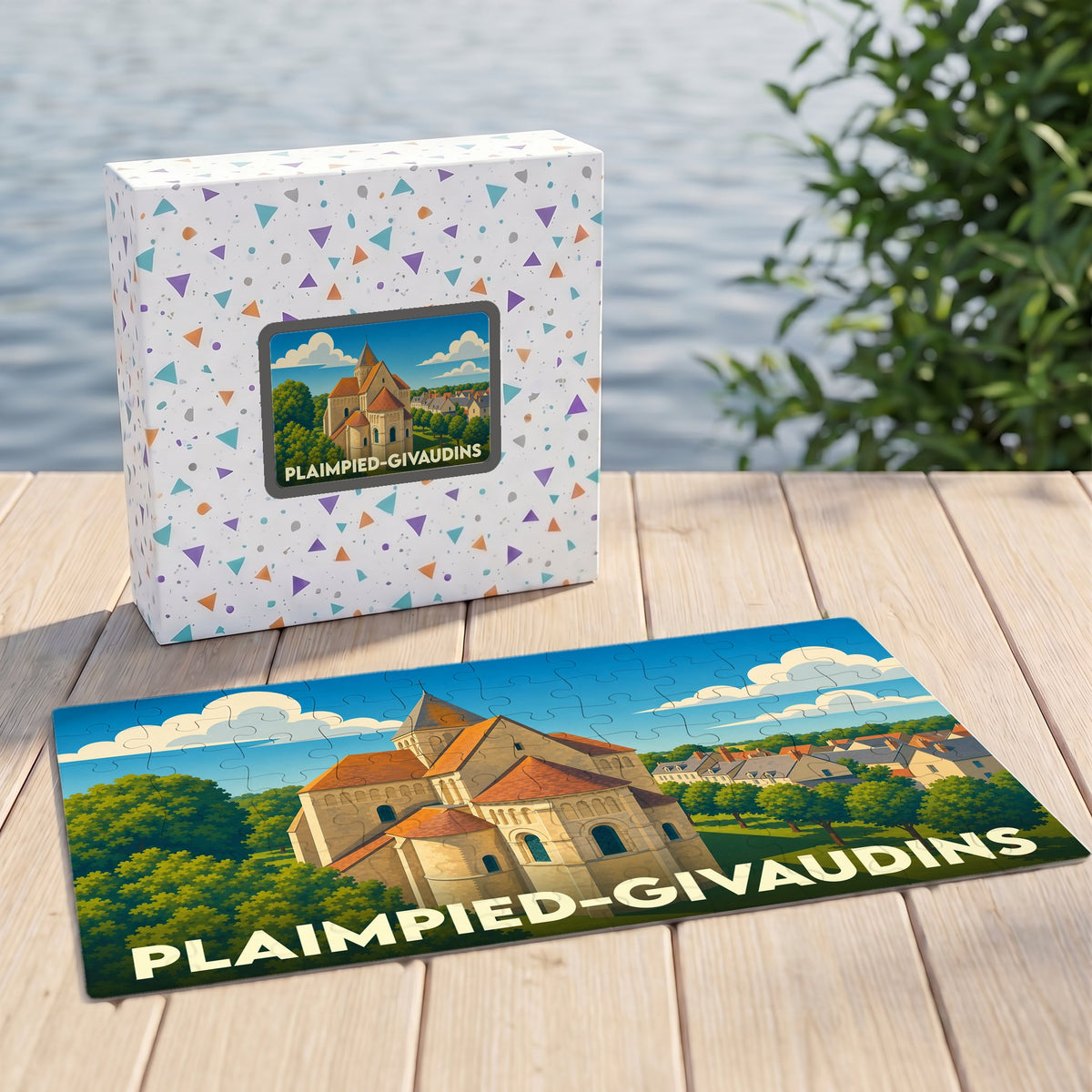 Puzzle souvenir de la ville de Plaimpied-Givaudins avec une illustration stylisée d'une église romane.