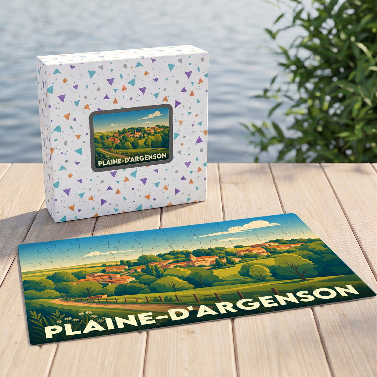 Puzzle souvenir de la commune de Plaine-d'Argenson avec une illustration paysagère stylisée.