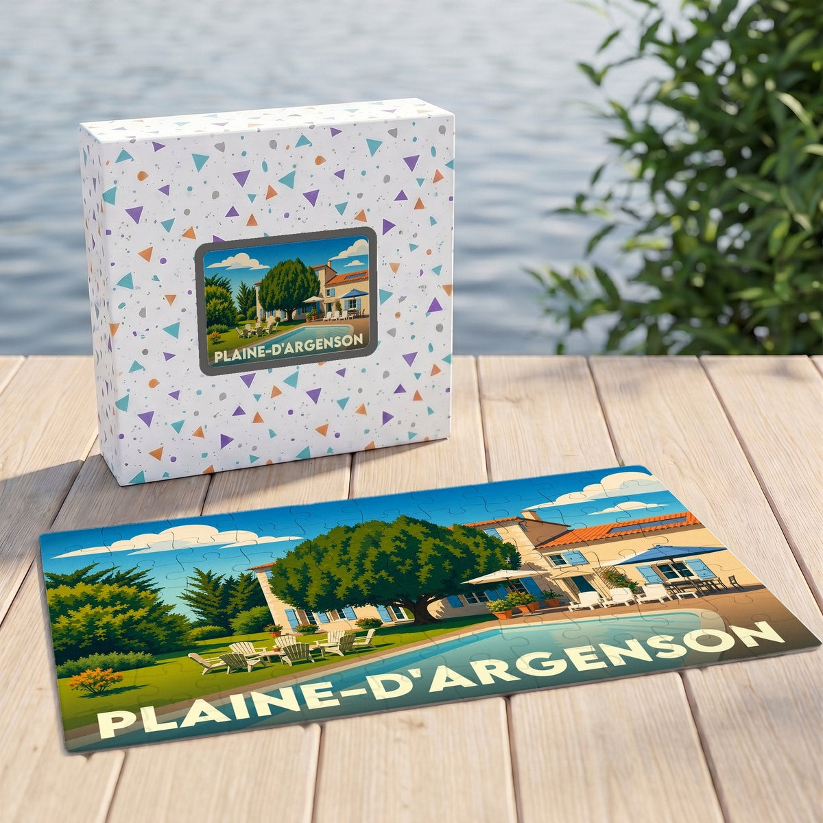 Puzzle souvenir de la commune de Plaine-d'Argenson avec une illustration stylisée d'une villa et de sa piscine.
