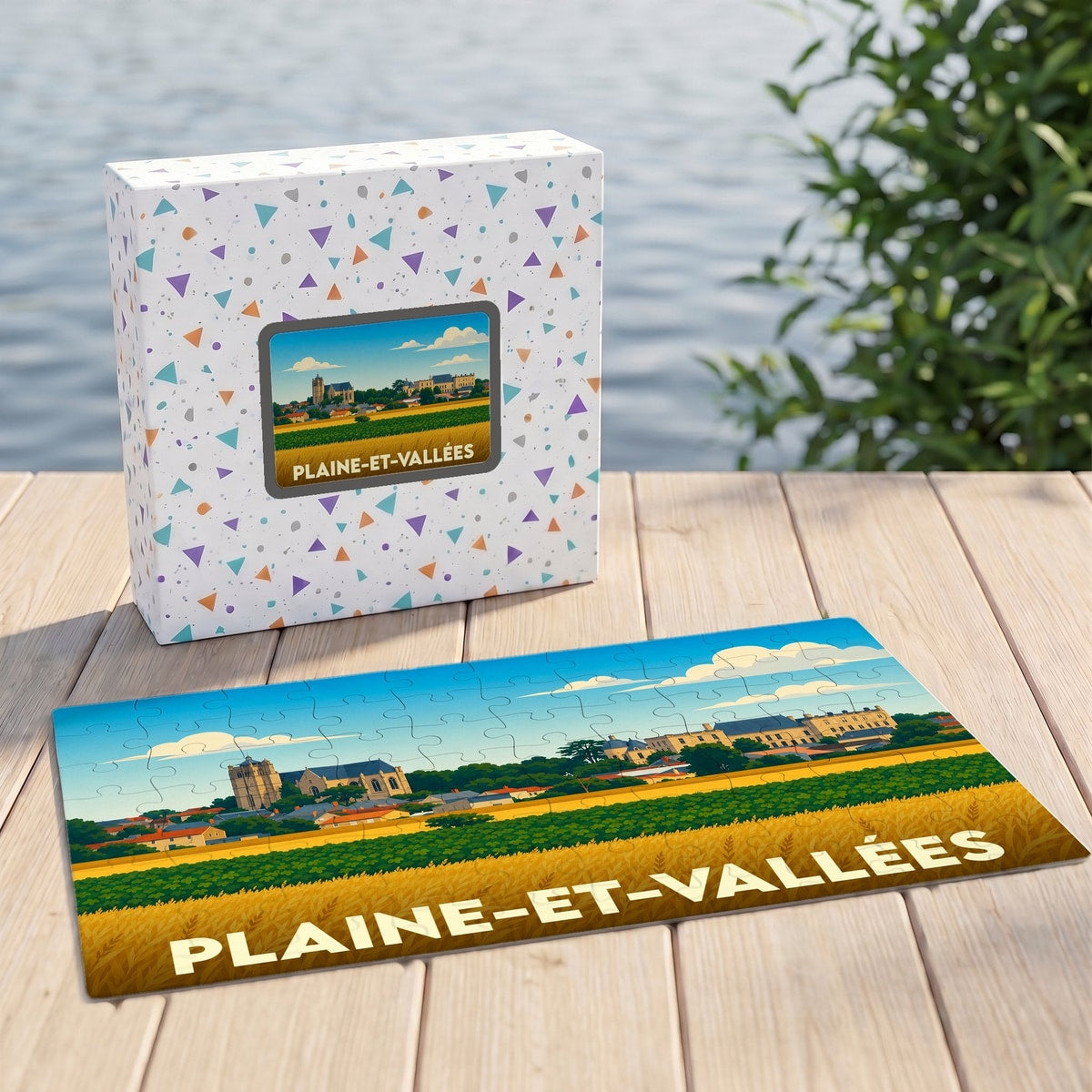 Puzzle souvenir de la commune de Plaine-et-Vallées avec une illustration stylisée de paysages et de monuments.