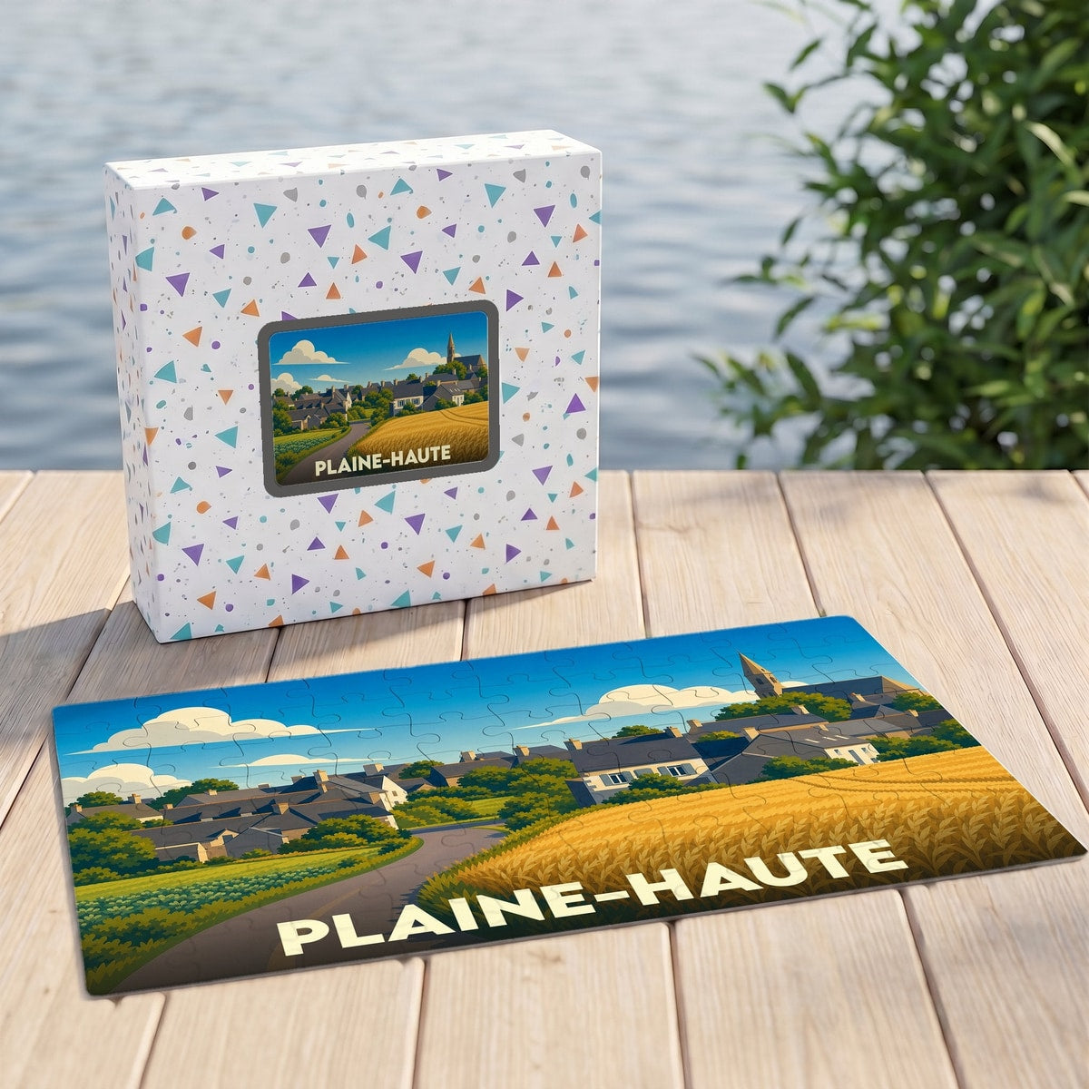 Puzzle souvenir de la ville de Plaine-Haute présentant une illustration stylisée d'un paysage rural.