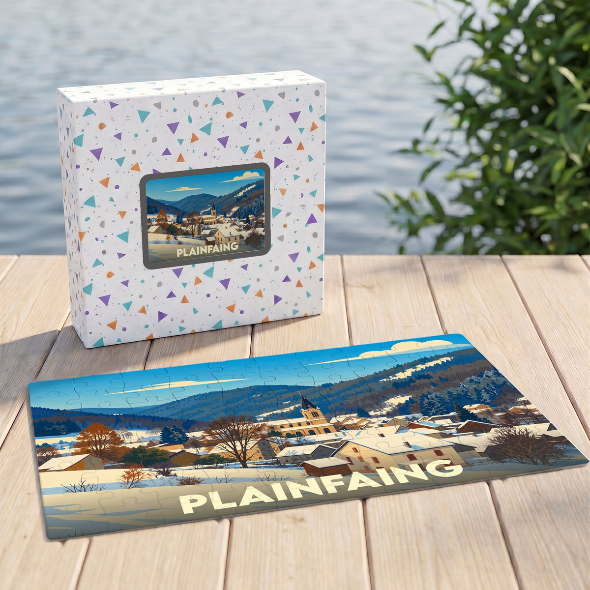Puzzle souvenir de la ville de Plainfaing avec une illustration hivernale stylisée.