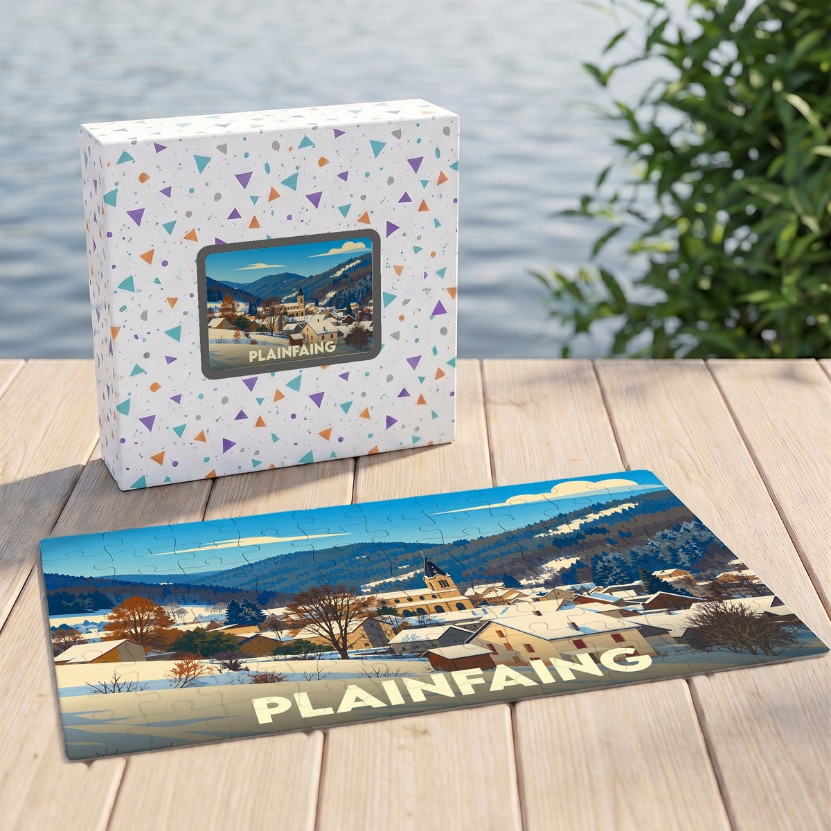Puzzle souvenir de la ville de Plainfaing avec une illustration hivernale stylisée.