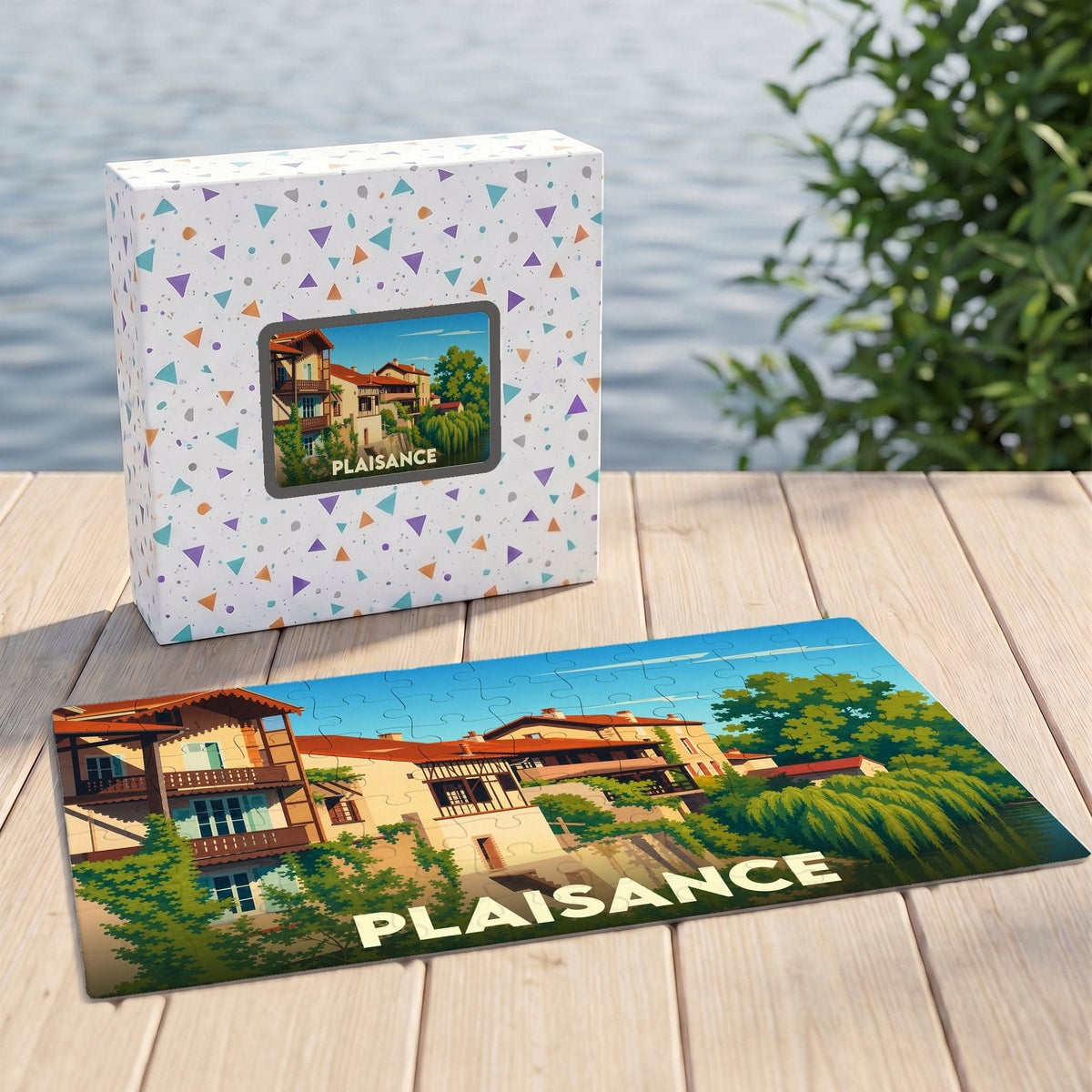 Puzzle souvenir de la ville de Plaisance avec une illustration stylisée d'un paysage urbain au bord de l'eau.