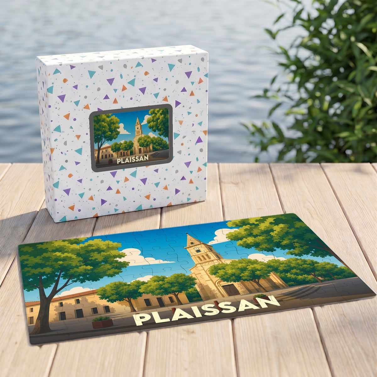 Puzzle souvenir de la ville de Plaissan avec une illustration stylisée d'un clocher et de sa place arborée.