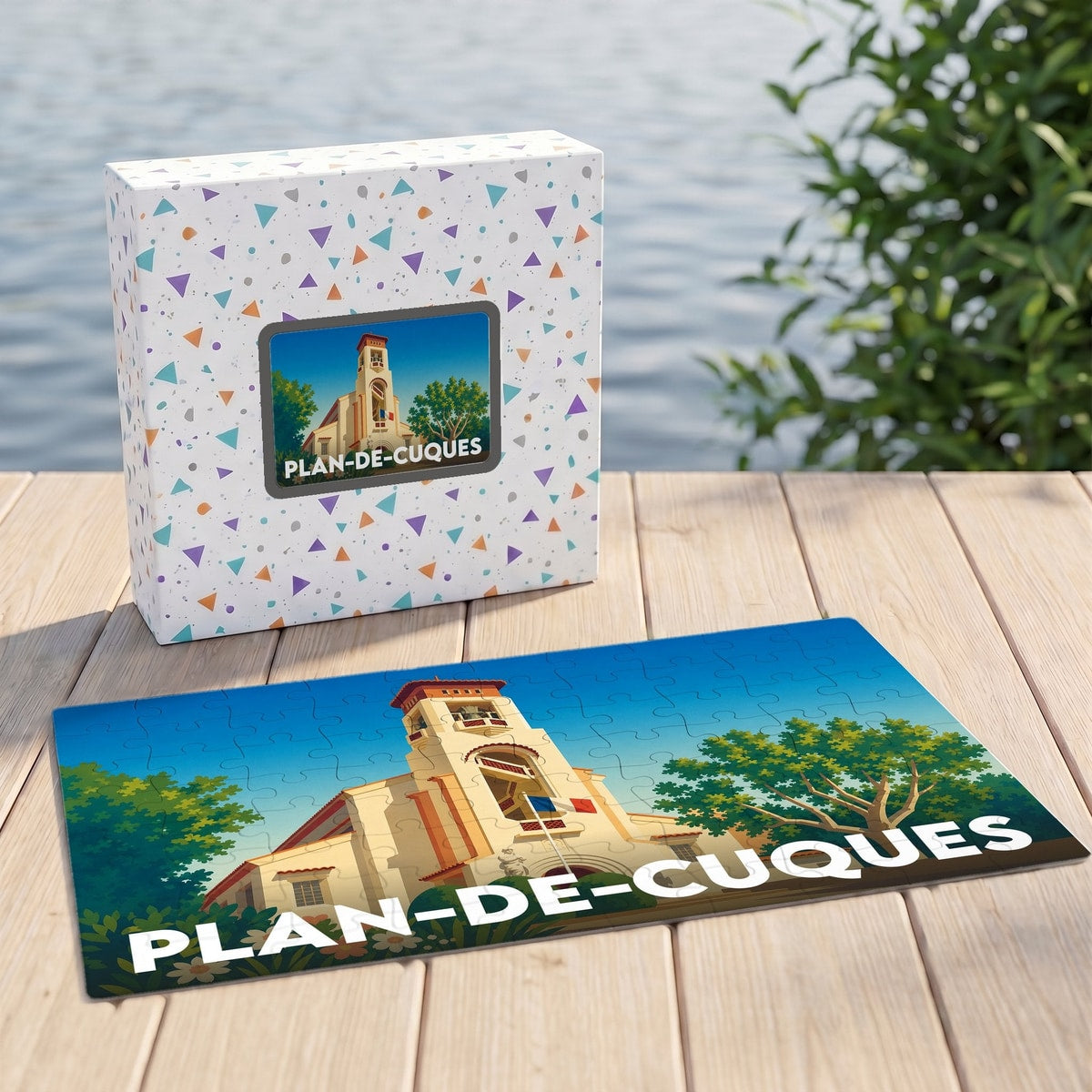 Puzzle souvenir de la ville de Plan-de-Cuques avec une illustration stylisée de son hôtel de ville.