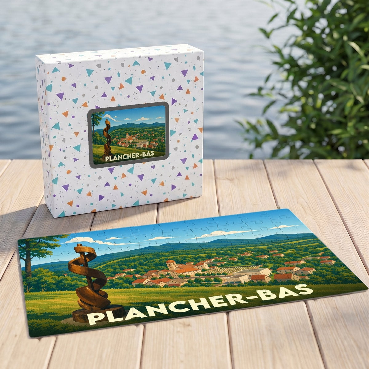 Puzzle souvenir de la ville de Plancher-Bas avec une illustration stylisée.