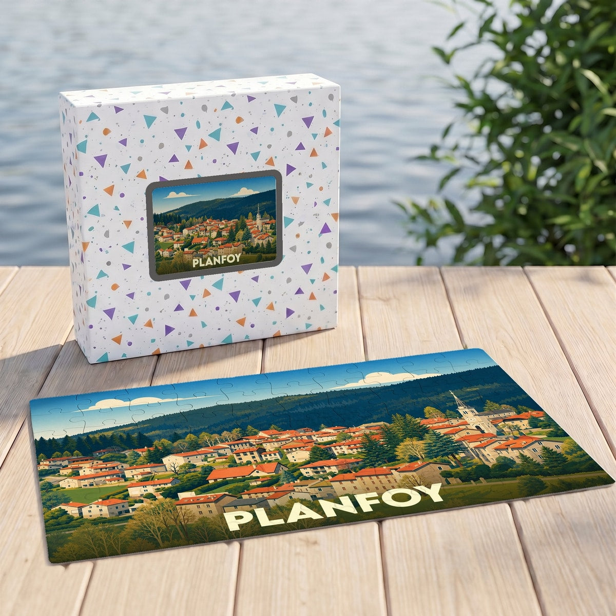 Puzzle souvenir de la ville de Planfoy avec une illustration stylisée.
