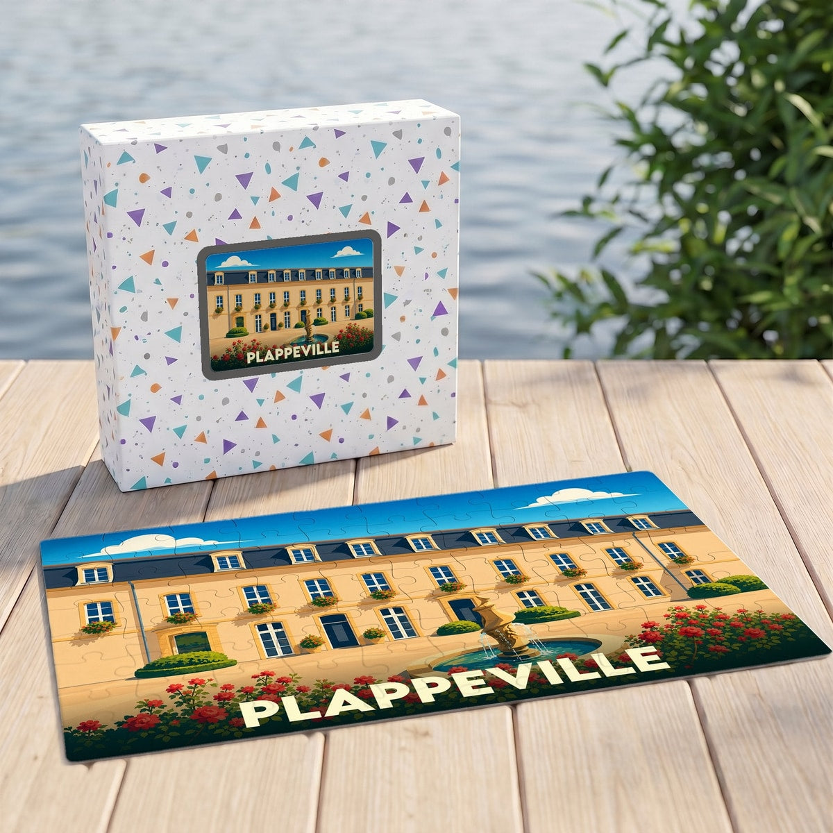 Puzzle souvenir de la ville de Plappeville présentant une illustration stylisée d'un bâtiment historique et d'une fontaine.