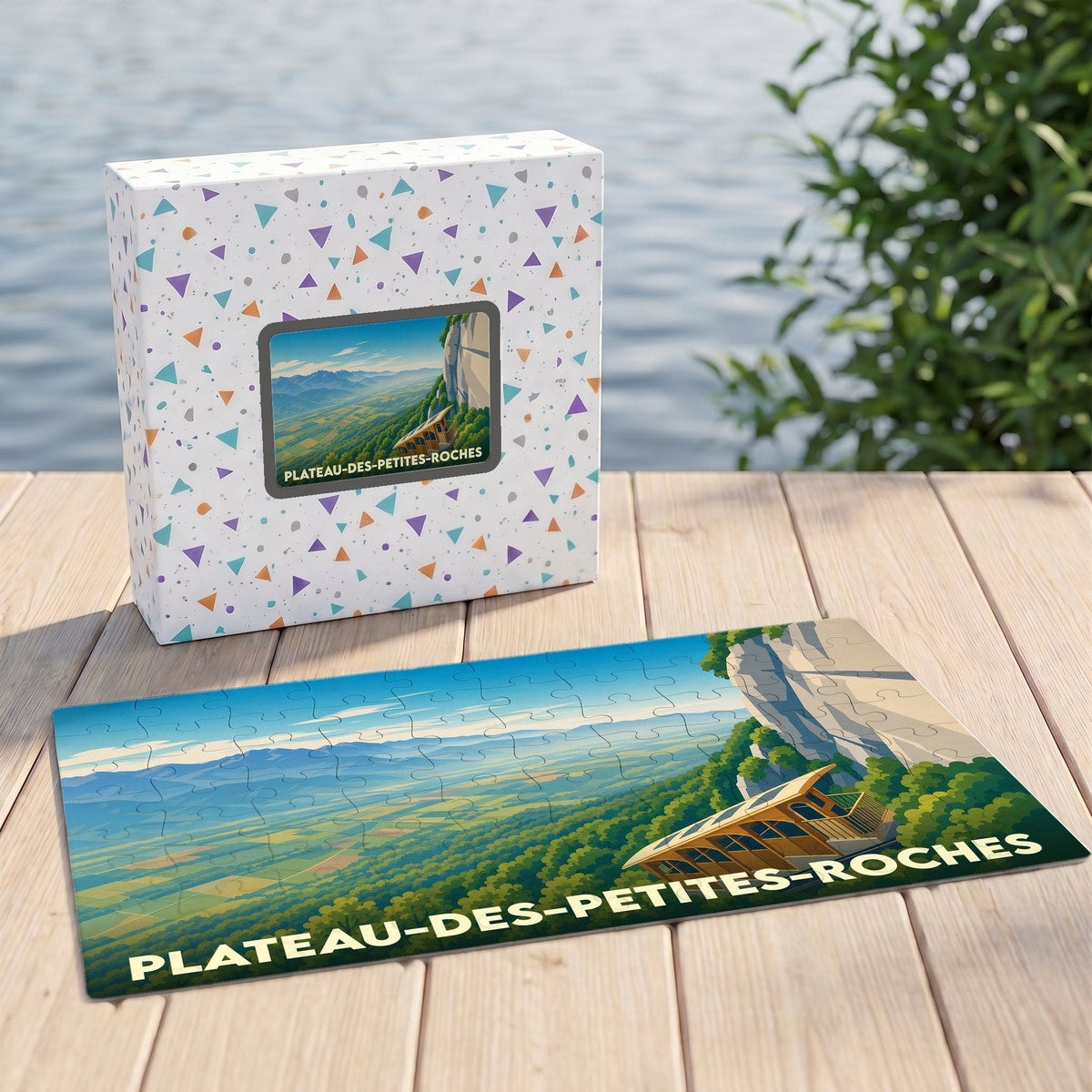 Puzzle souvenir de la commune de Plateau-des-Petites-Roches illustrant son célèbre funiculaire à flanc de montagne.