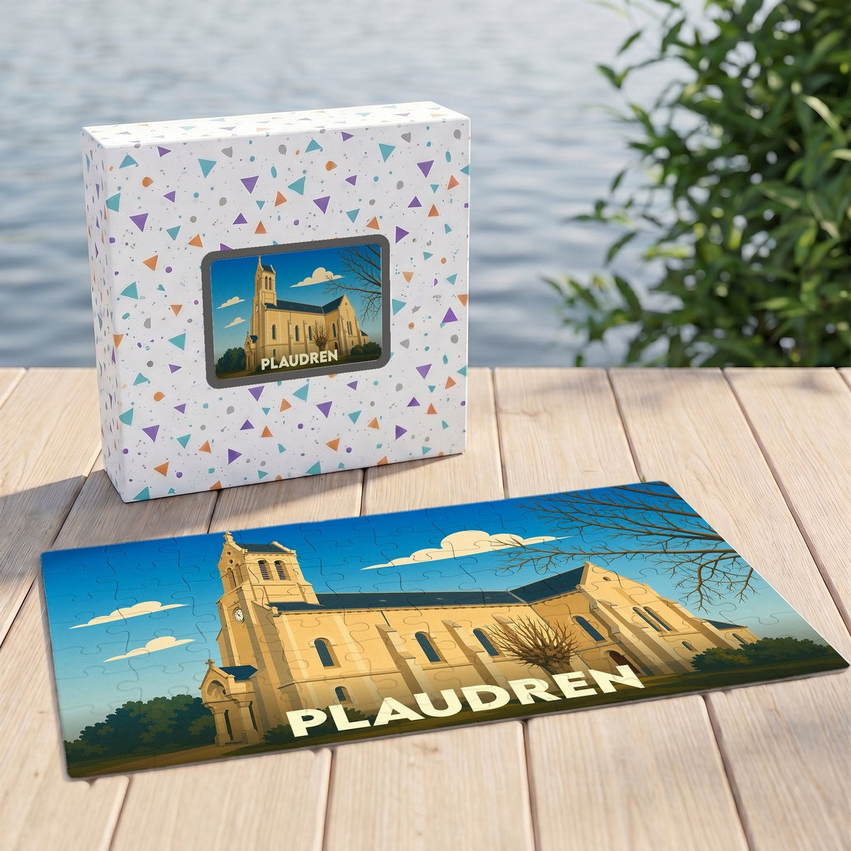 Puzzle souvenir de la ville de Plaudren avec une illustration stylisée de son église.