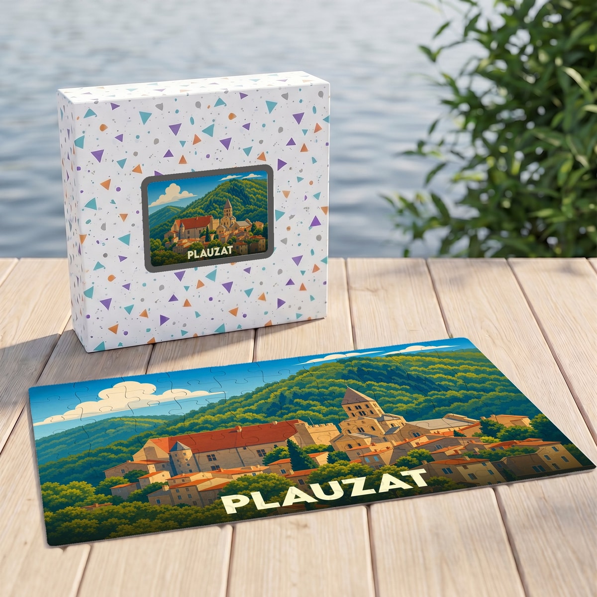 Puzzle souvenir de la ville de Plauzat avec une illustration paysagère stylisée.