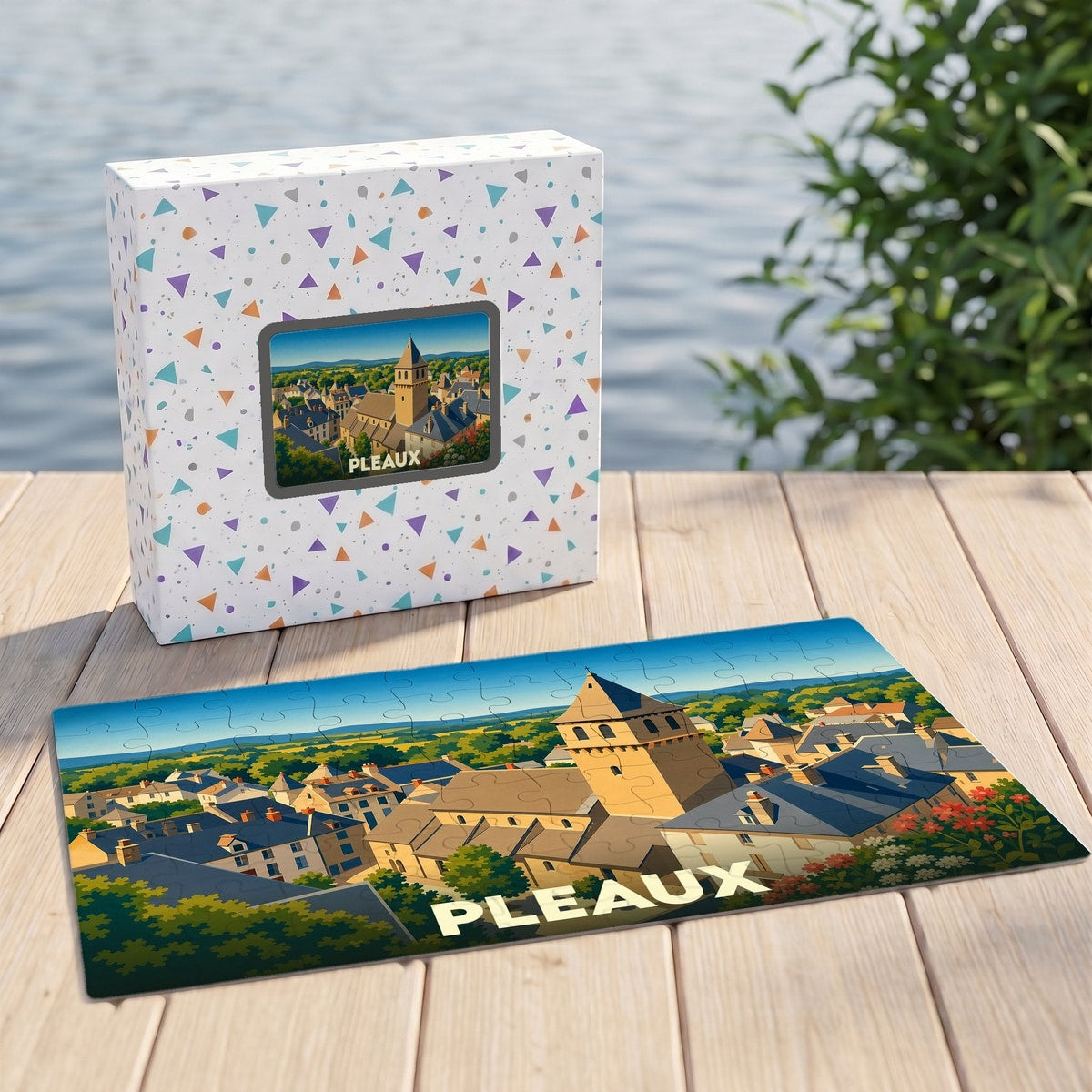 Puzzle souvenir de la ville de Pleaux avec une illustration stylisée d'un paysage urbain.