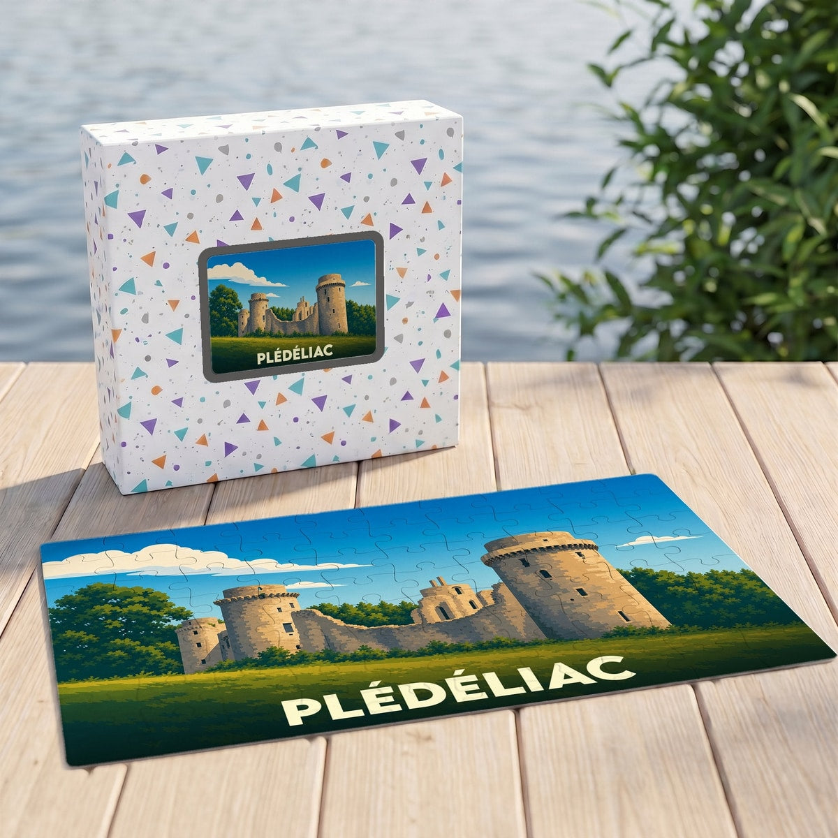 Puzzle souvenir de la ville de Plédéliac représentant une illustration stylisée de son château médiéval.