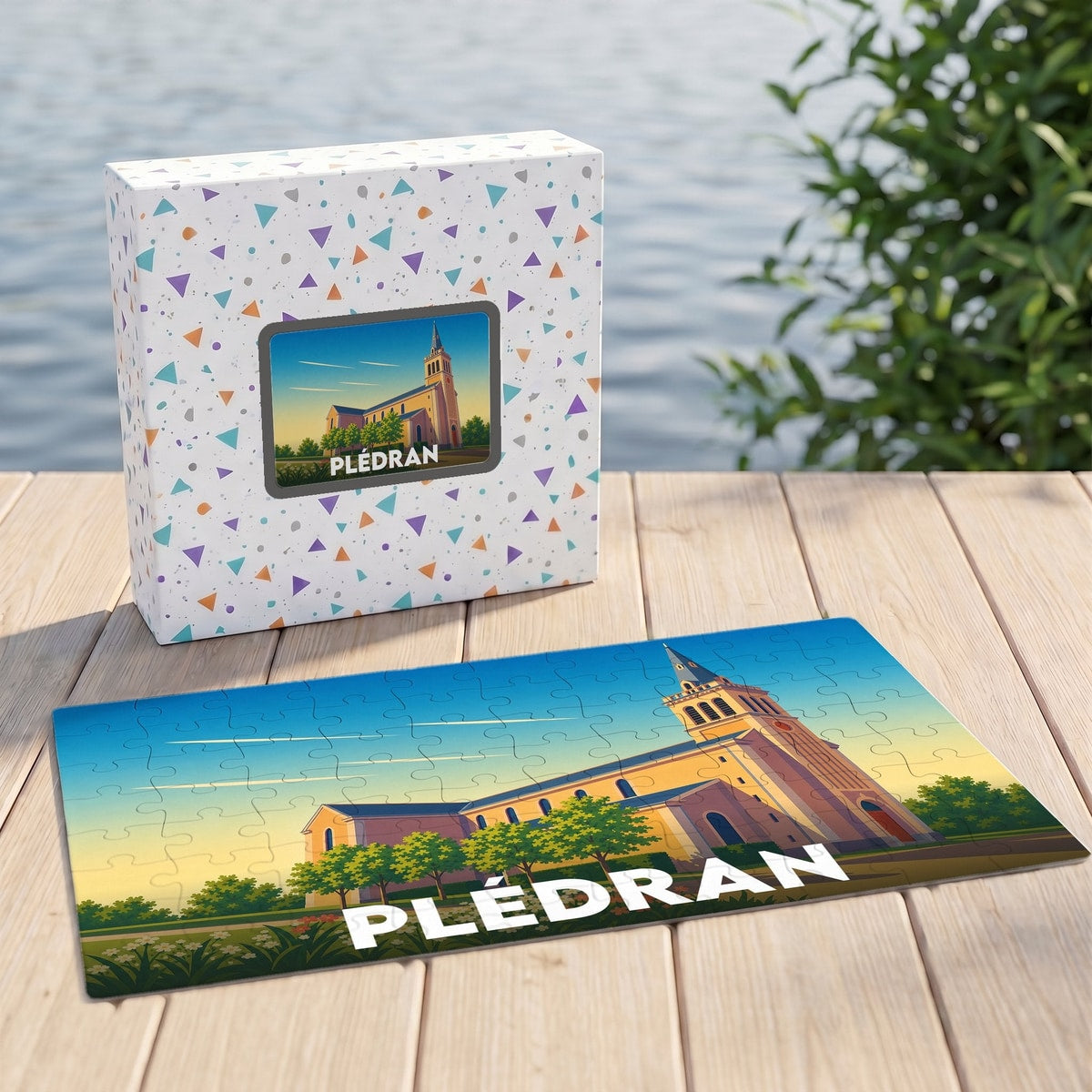 Puzzle souvenir de la ville de Plédran avec une illustration stylisée de son église au coucher du soleil.