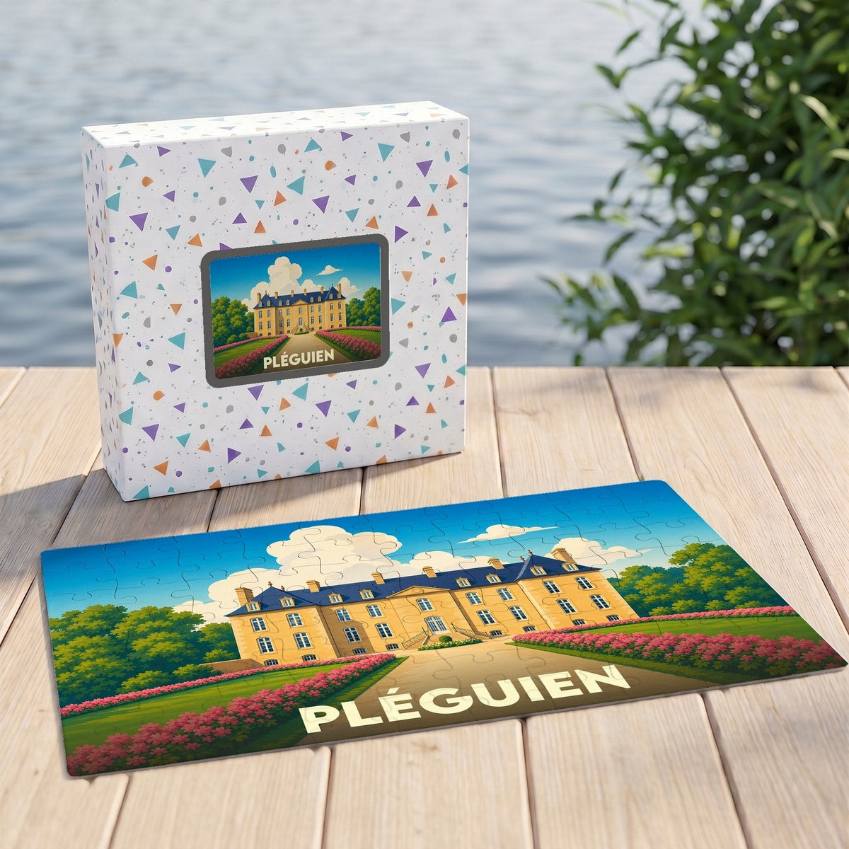 Puzzle souvenir de la ville de Pléguien présentant une illustration stylisée d'un château avec son jardin.