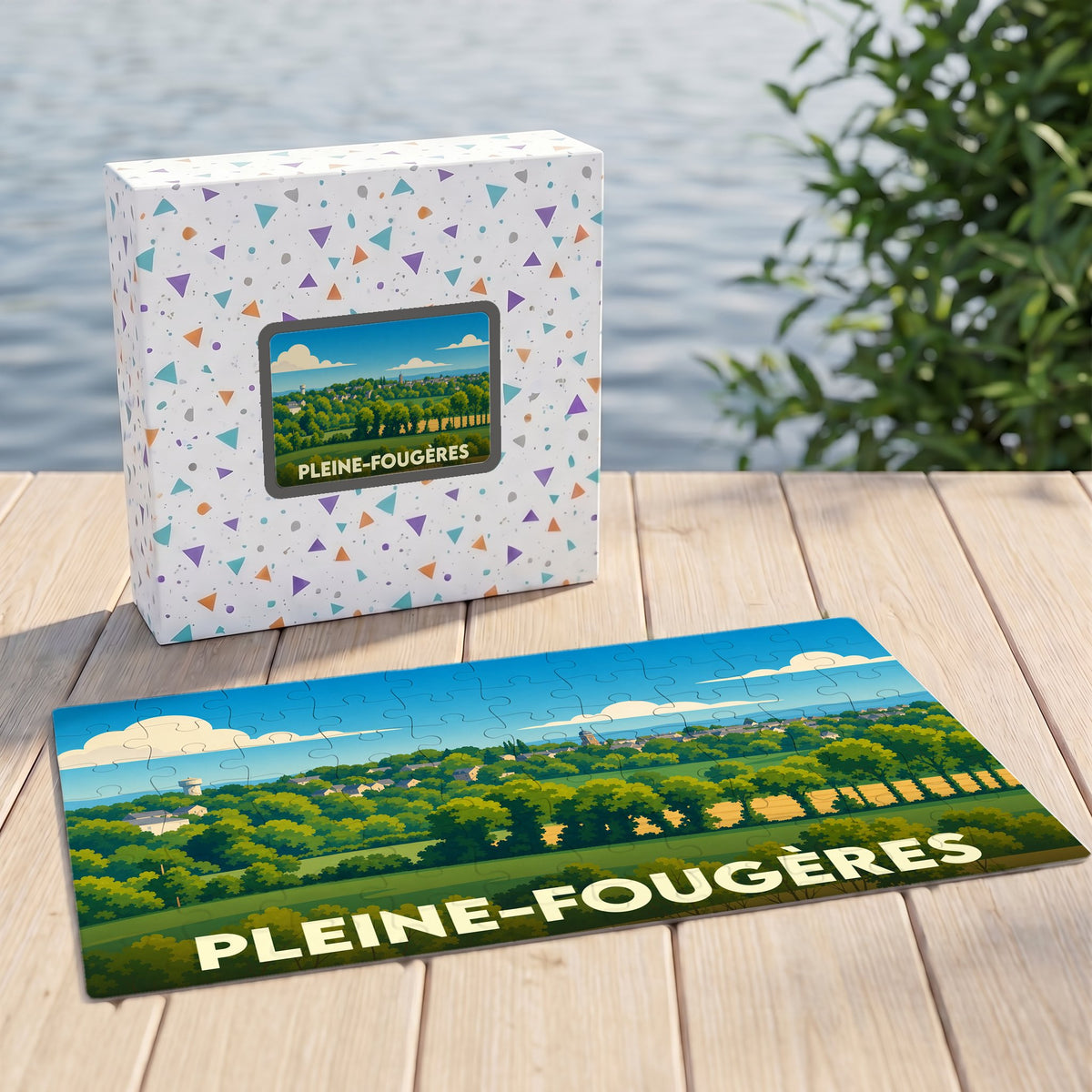 Puzzle souvenir de la ville de Pleine-Fougères avec une illustration stylisée et colorée de ses paysages.