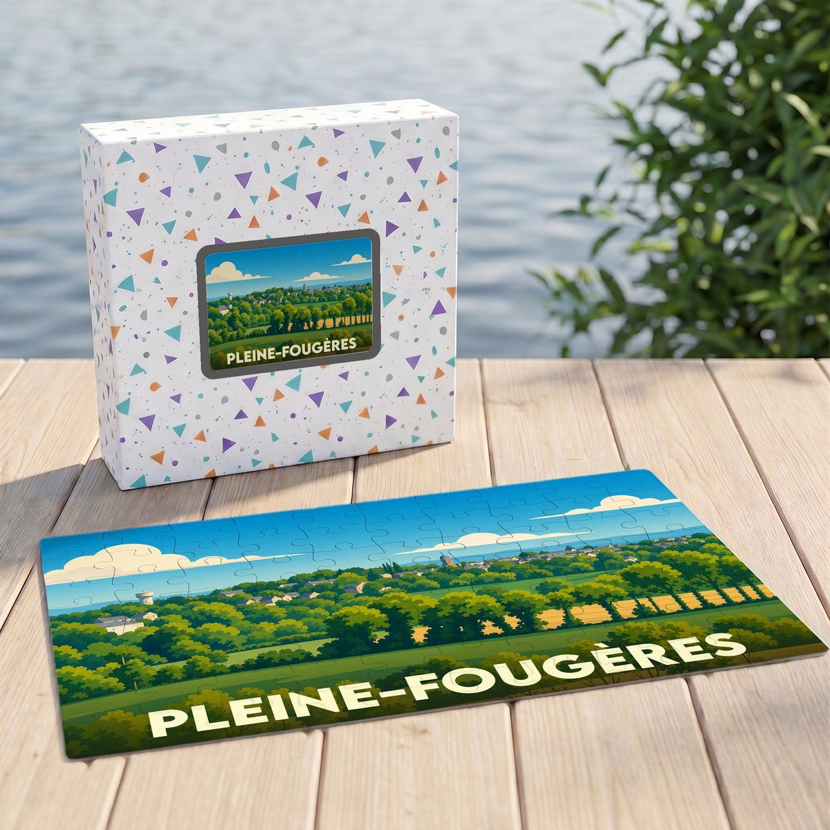 Puzzle souvenir de la ville de Pleine-Fougères avec une illustration stylisée et colorée de ses paysages.