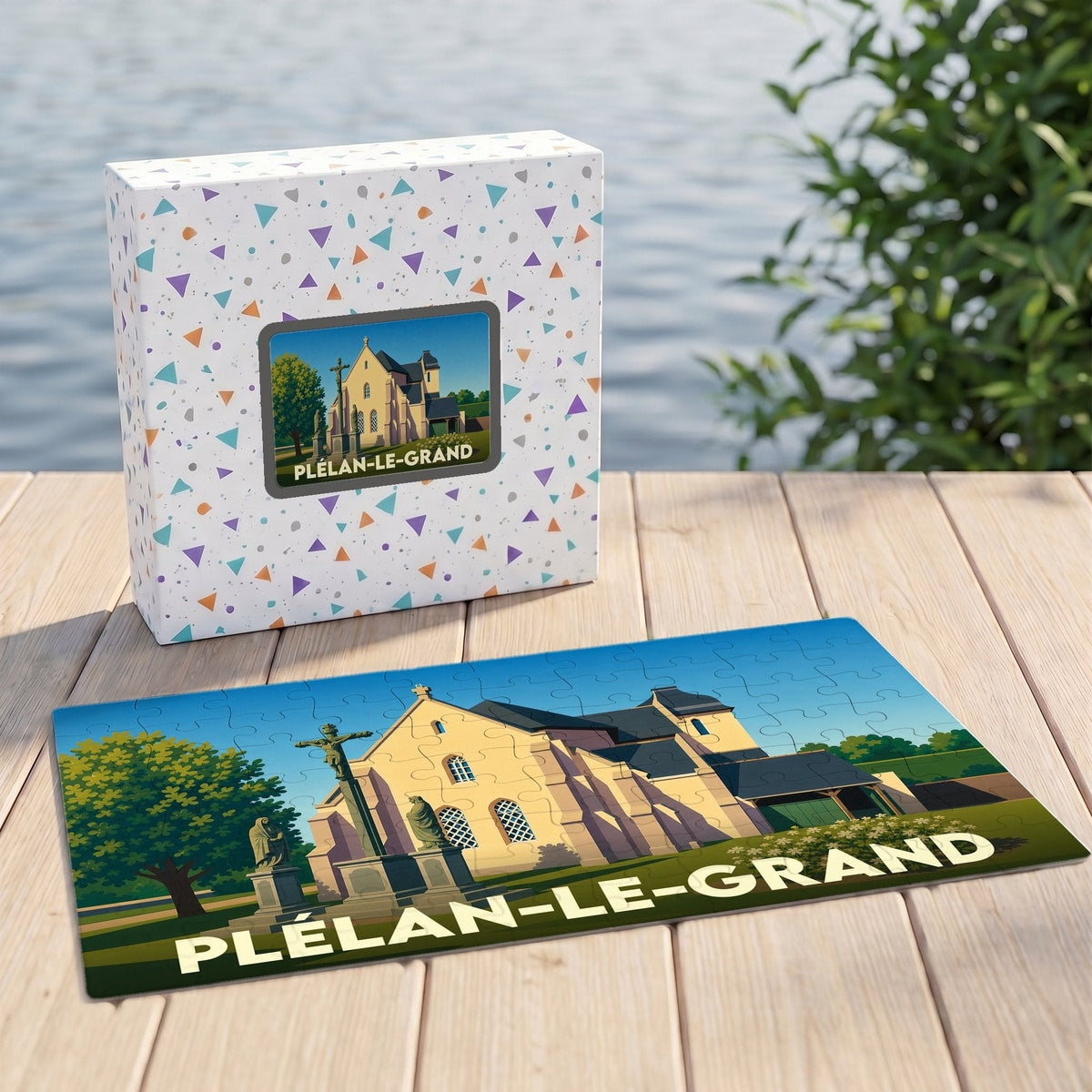 Puzzle souvenir de la ville de Plélan-le-Grand présentant une illustration stylisée de son église et de son calvaire.